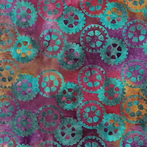 Rollin Round Multi Purple Gold Gears Batik Fabric