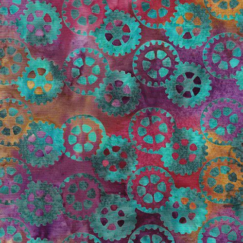 Rollin Round Multi Purple Gold Gears Batik Fabric-Island Batik-My Favorite Quilt Store