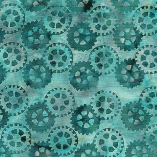 Rollin Round Teal Aqua Gears Batik Fabric