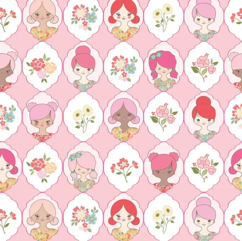Rosy Cheeks Mornin' Pink Girl and Flower Fabric