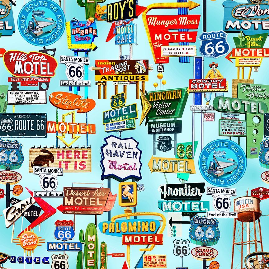 Route 66 Blue Road Sign Fabric