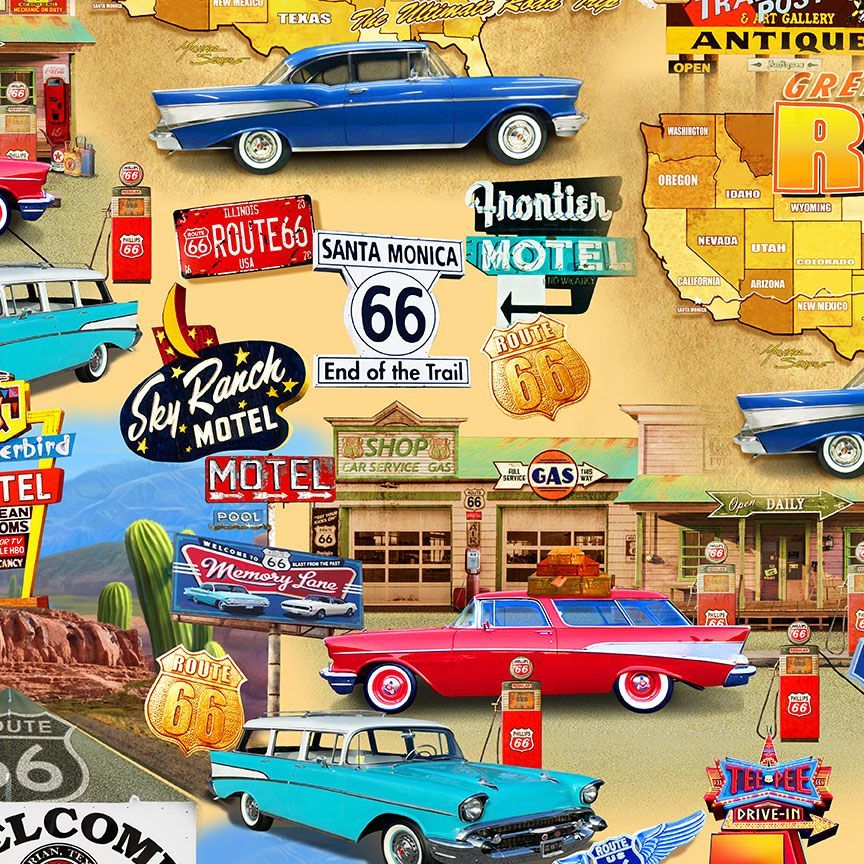 Route 66 Multi Route 66 Collage Fabric-Timeless Treasures-My Favorite Quilt Store