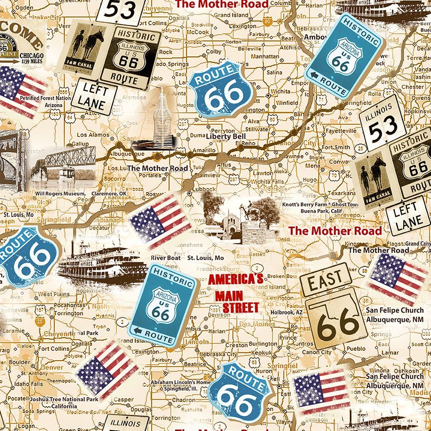 Route 66 Neutral Antique Map Fabric