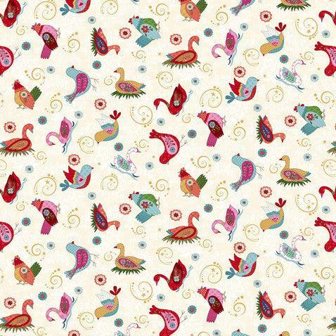 Scandinavian Holiday Cream Multi Bird Ornament Toss Fabric