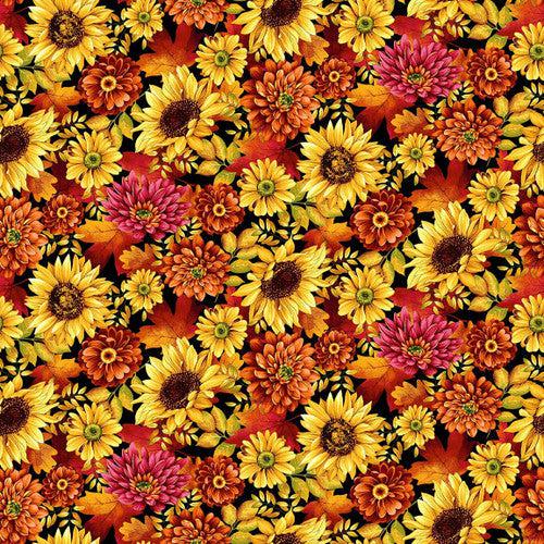Seeds of Gratitude Black Allover Flowers Fabric-Studio e Fabrics-My Favorite Quilt Store