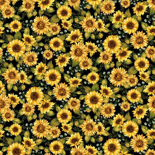 Seeds of Gratitude Black Large Sunflower Fabric-Studio e Fabrics-My Favorite Quilt Store