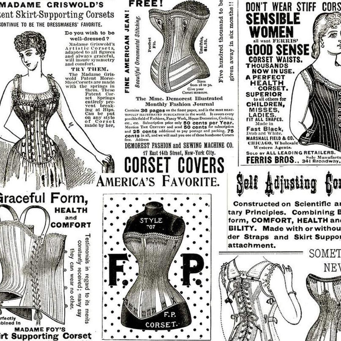 Sew Journal White Vintage Corset Ads Fabric by J. Wecker Frisch