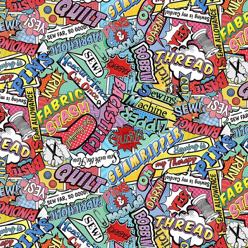 Sew Strong Multi Sewing and Quilting Comic Words Fabric