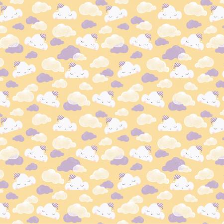 Sleepy Sloth Yellow Tossed Clouds Fabric – End of Bolt – 53″ × 44/45″