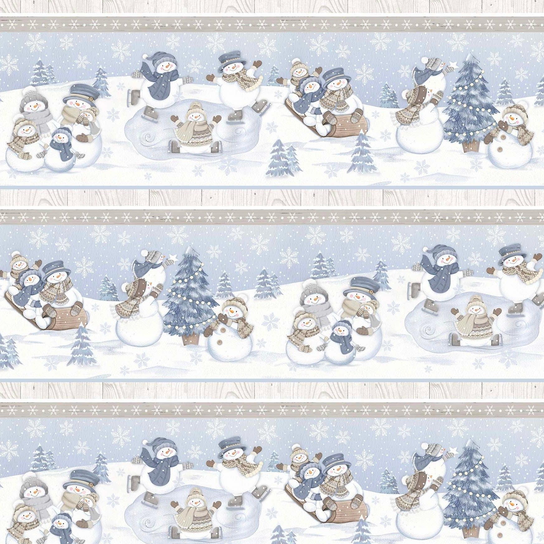 Snow Much Fun Flannel Light Blue Border Stripe Fabric