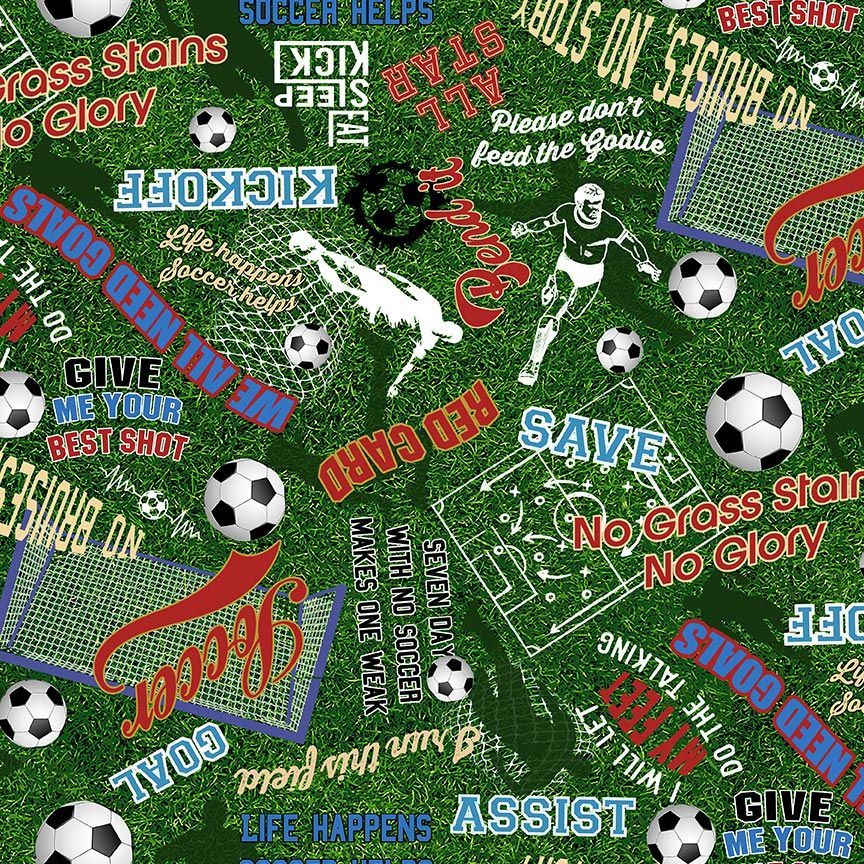 Soccer Star Green Soccer Words on Grass Fabric-Timeless Treasures-My Favorite Quilt Store