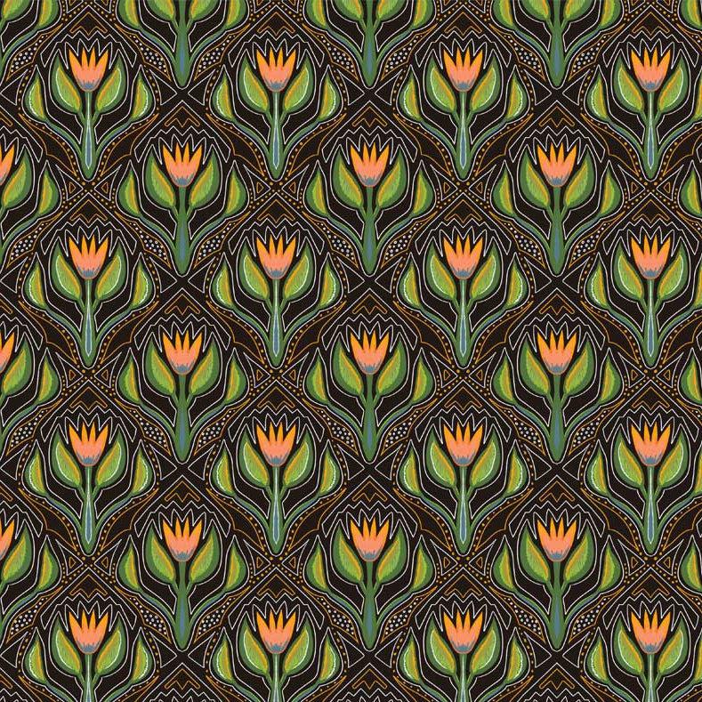 Spring in Northwoods Black Graphic Geo Flowers Fabric