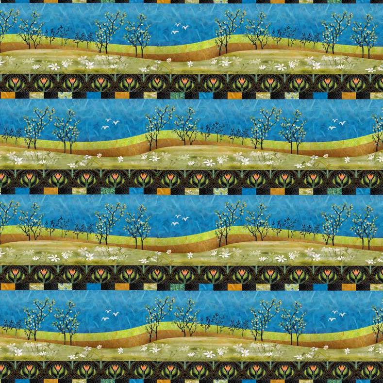 Spring in Northwoods Multi Scenic Border Stripe Fabric