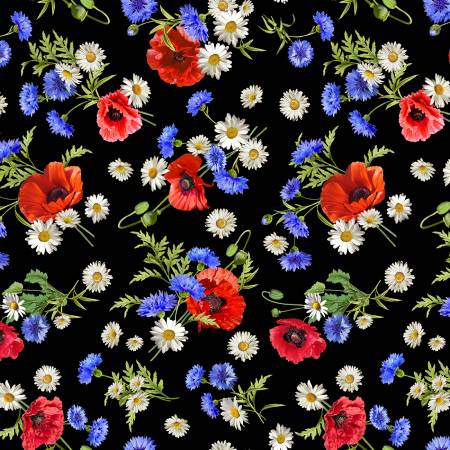 Summer Wildflowers Black Budding Romance Fabric