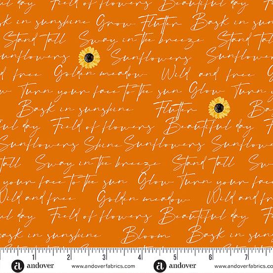 Sunflower Meadow Orange Writing Fabric-Andover-My Favorite Quilt Store
