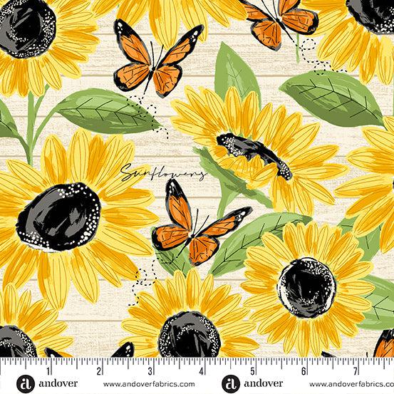 Sunflower Meadow White Large Sunflowers Fabric-Andover-My Favorite Quilt Store