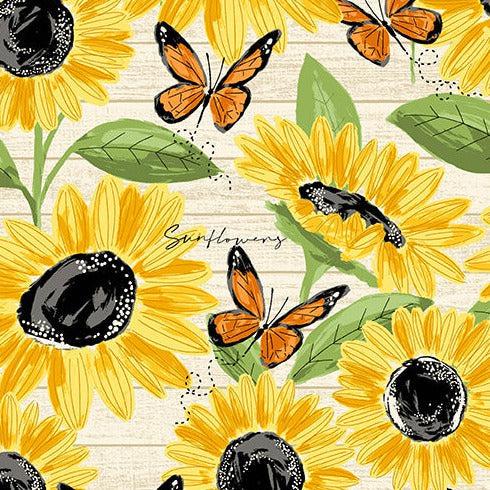 Sunflower Meadow White Large Sunflowers Fabric
