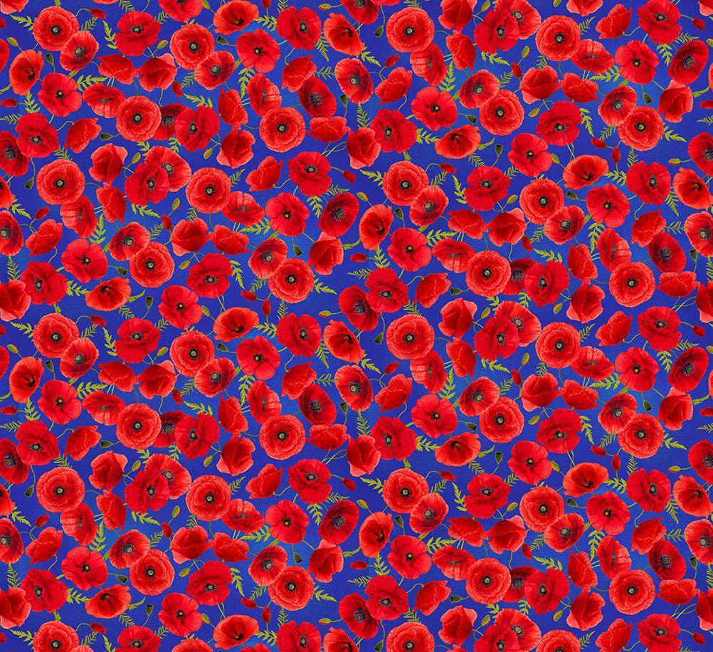 Sunset Poppies Blue Mini Poppies Floral Fabric