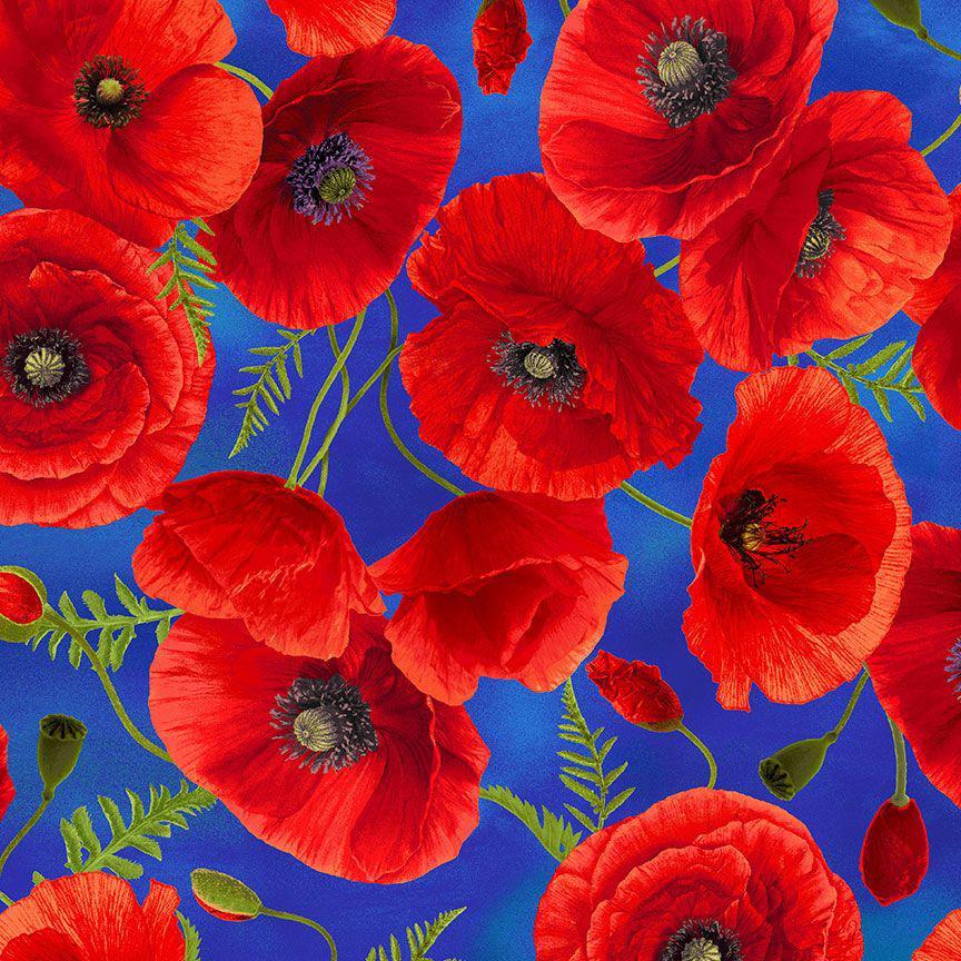 Sunset Poppies Blue Poppy Floral Fabric-Timeless Treasures-My Favorite Quilt Store