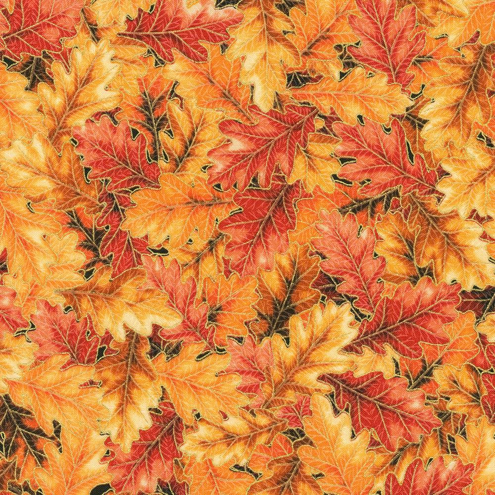 Sweet Pumpkin Spice Metallic Autumn Leaves Fabric
