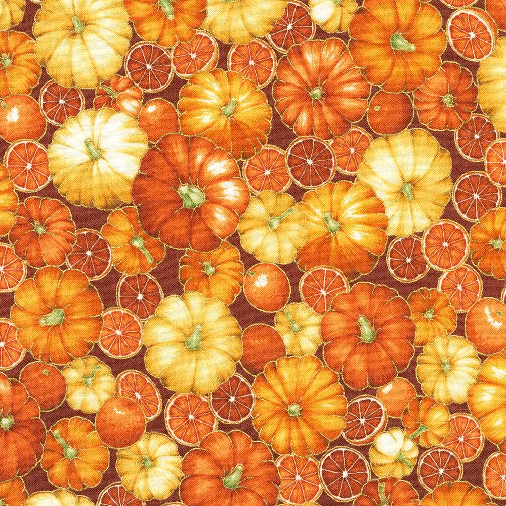 Sweet Pumpkin Spice Metallic Autumn Pumpkins Fabric-Robert Kaufman-My Favorite Quilt Store