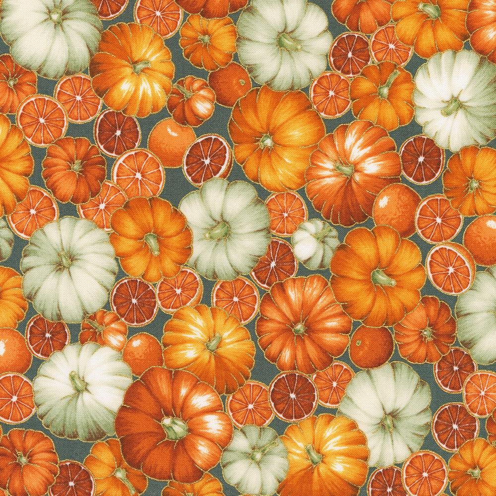 Sweet Pumpkin Spice Metallic Eucalyptus Pumpkins Fabric