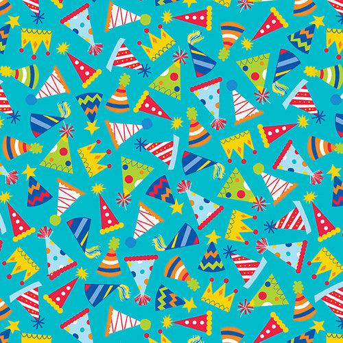 This Calls For Cake Aqua Party Hats Fabric-Henry Glass Fabrics-My Favorite Quilt Store