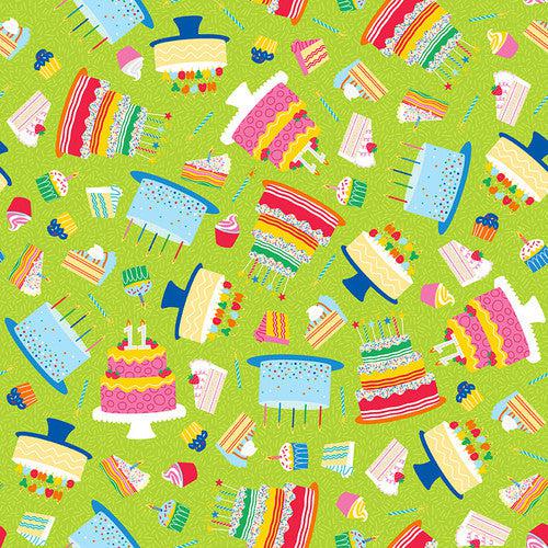 This Calls For Cake Green Tossed Birthday Cakes Fabric