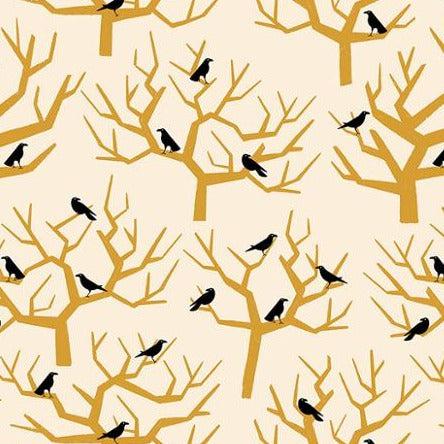 Tiny Frights Natural Spooky Trees and Birds Fabric
