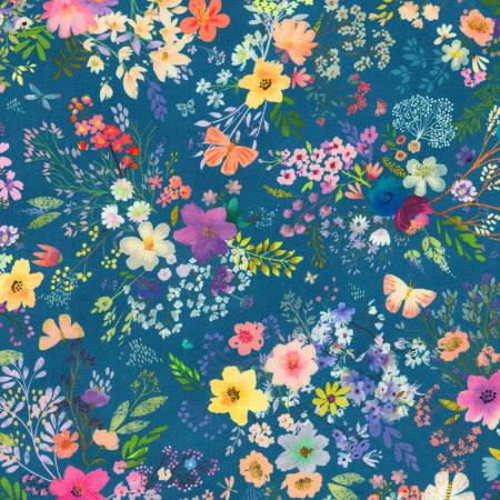 Unicorn Meadow Blue Flowers Fabric