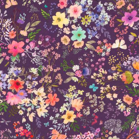 Unicorn Meadow Plum Flowers Fabric