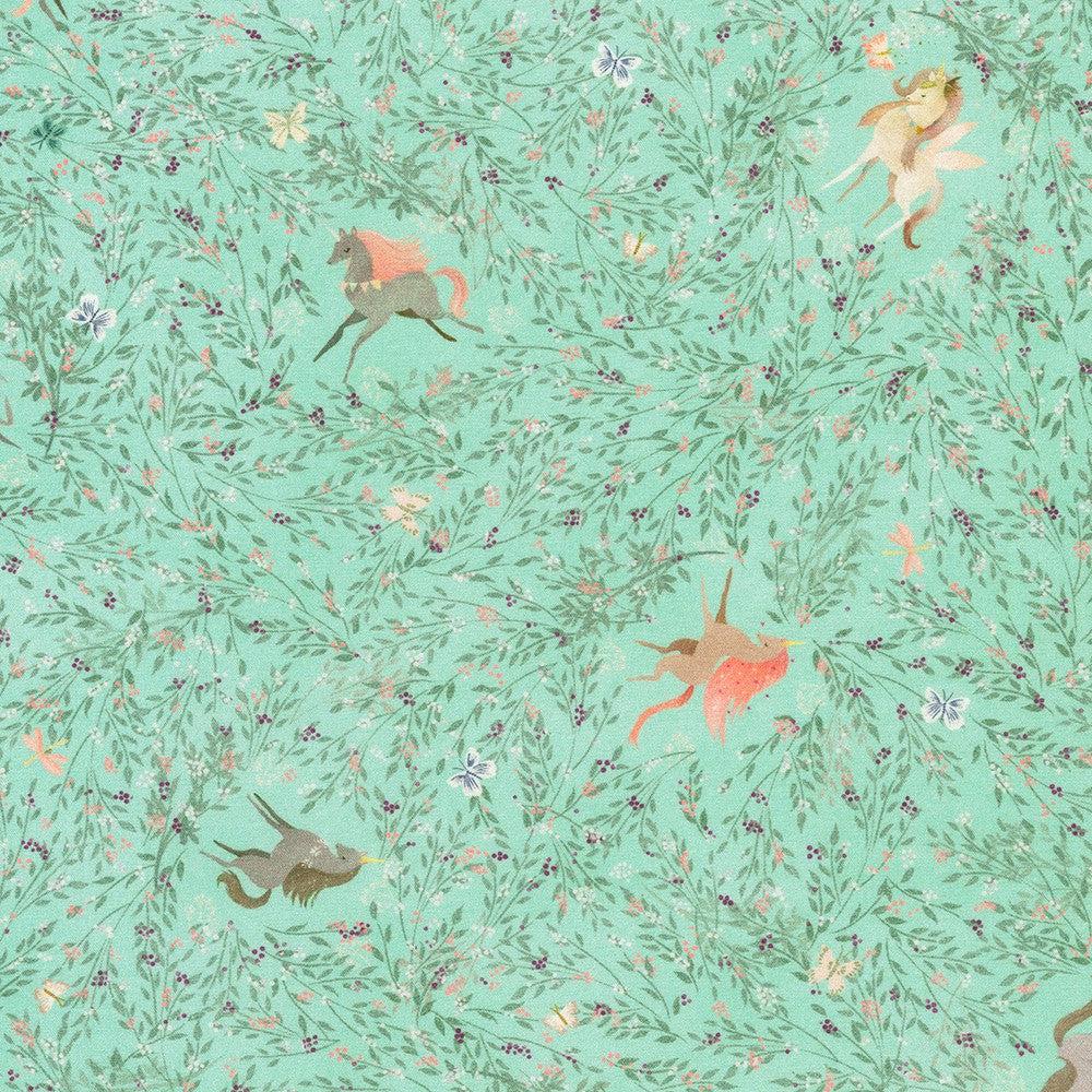 Unicorn Meadow Seafoam Floral Unicorns Fabric-Robert Kaufman-My Favorite Quilt Store