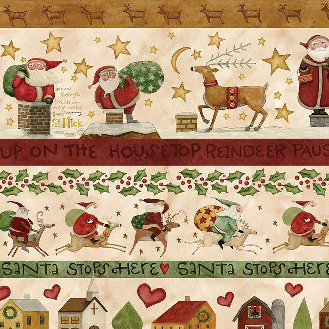 Up on the Housetop Snowflake Border Stripe Fabric