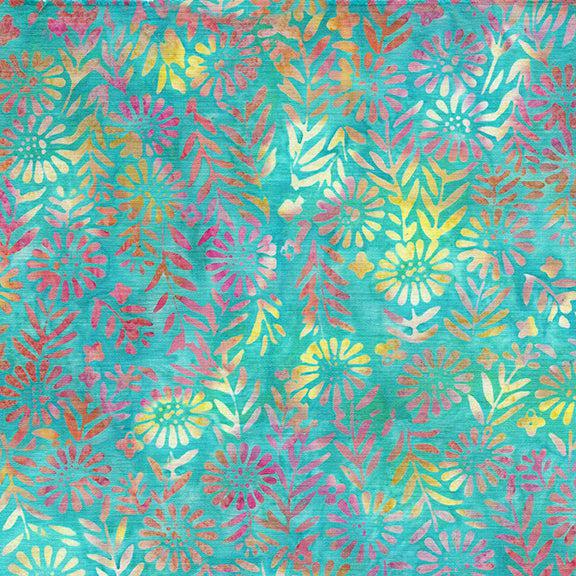 Vintage Charm  Teal Sea Glass Flower Field Batik Fabric