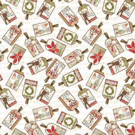 White Christmas Cream Tossed Tags Fabric-Benartex Fabrics-My Favorite Quilt Store