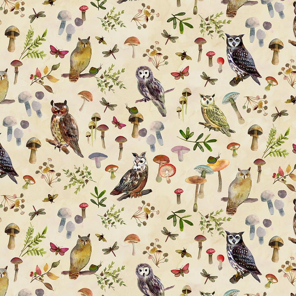 Wild Wonder Light Butter Owls and Mushrooms Digital Fabric-Clothworks-My Favorite Quilt Store