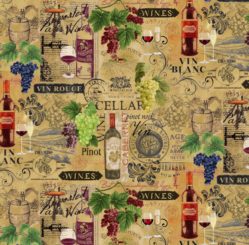 Wine Country Beige Vintage Wine Text Fabric