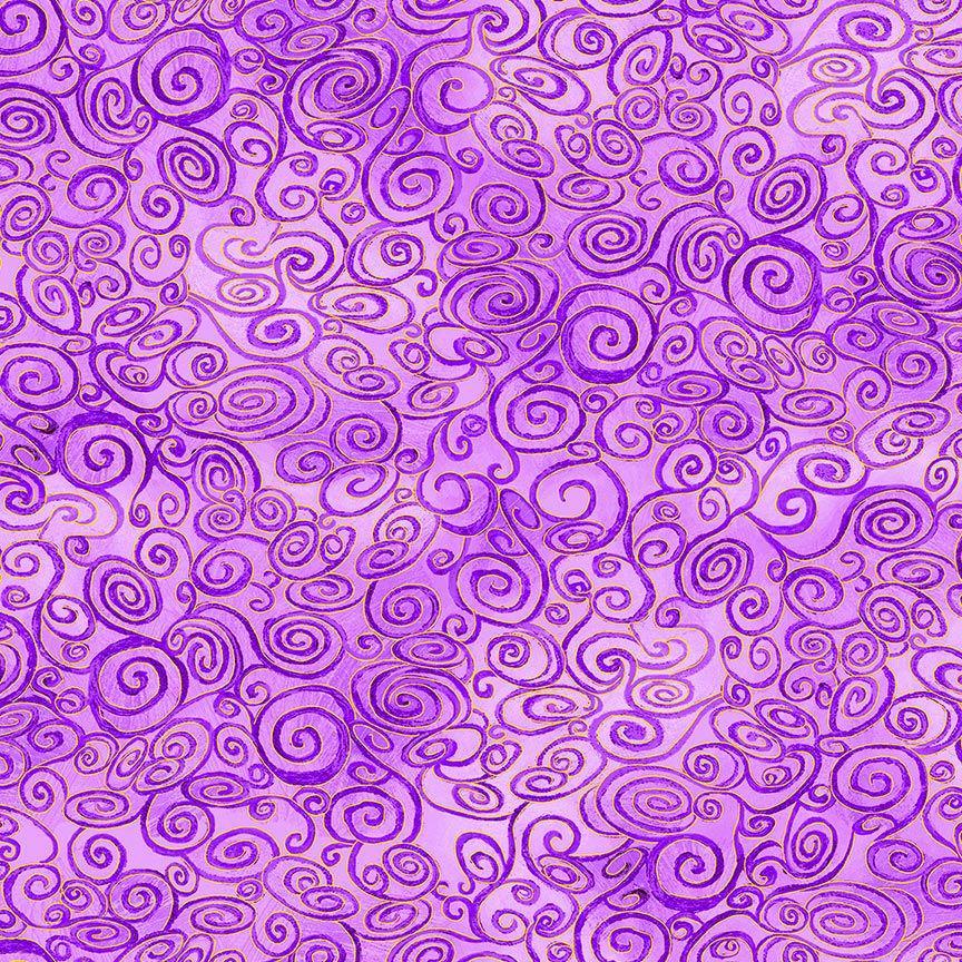 Wings of Gold Swirly Scrolls Metallic Purple Fabric