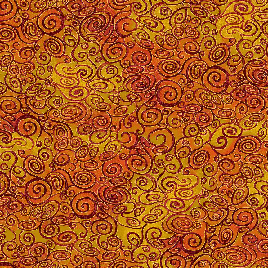 Wings of Gold Swirly Scrolls Metallic Rust Fabric