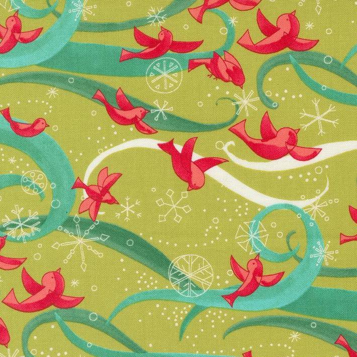 Winterly Chartreuse Novelty Birds With Ribbon Fabric-Moda Fabrics-My Favorite Quilt Store