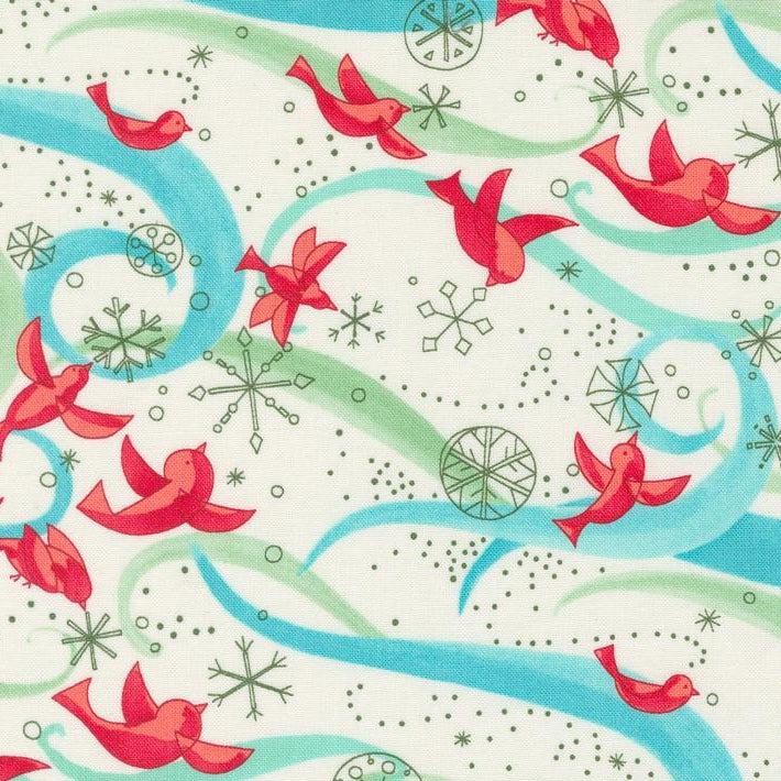 Winterly Cream Novelty Birds With Ribbon Fabric-Moda Fabrics-My Favorite Quilt Store