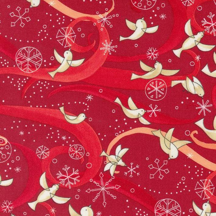 Winterly Crimson Novelty Birds With Ribbon Fabric