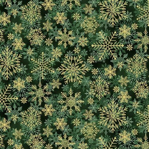 Winter's Eve Forest Gold Snowflakes Fabric