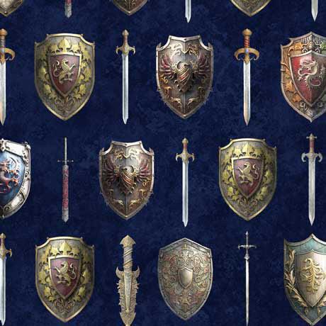 Wizards and Warriors Navy Swords and Shields Fabric