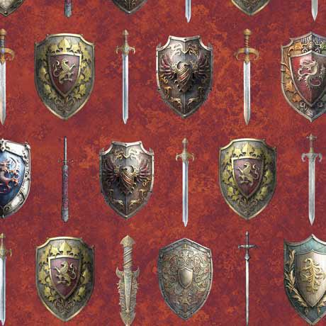 Wizards and Warriors Rust Swords and Shields Fabric