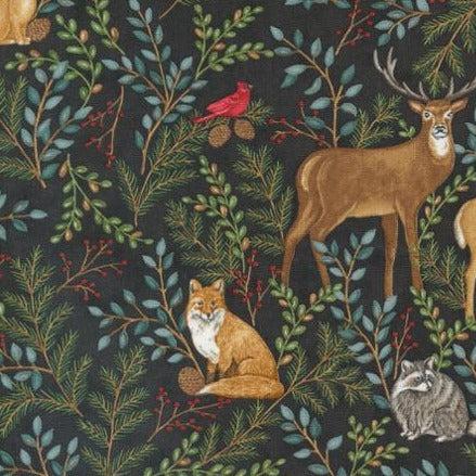Woodland Winter Charcoal Black All Over Landscape Animals Pine Berry Fabric