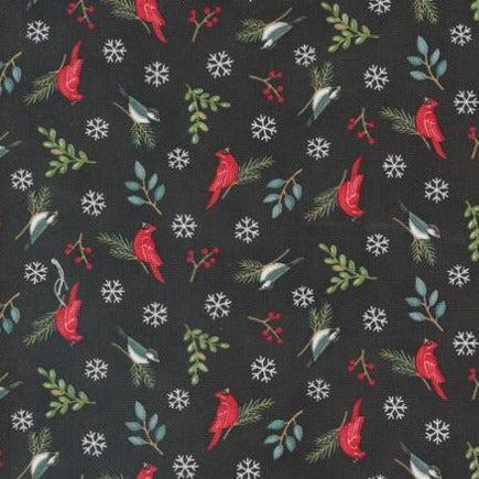 Woodland Winter Charcoal Black Novelty Birds and Snowflakes Fabric
