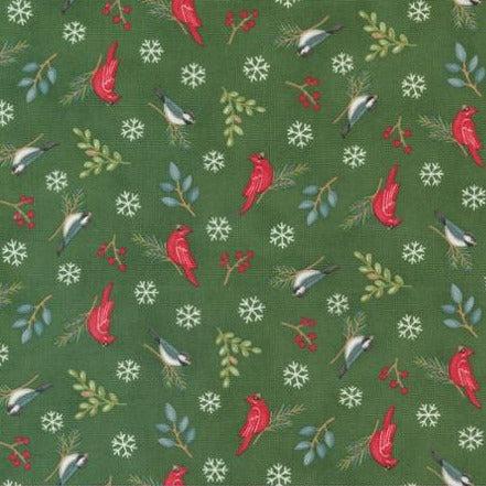 Woodland Winter Pine Green Novelty Birds and Snowflakes Fabric