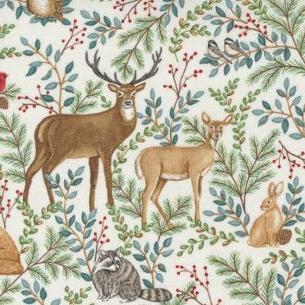 Woodland Winter Snowy White All Over Landscape Animals Pine Berry Fabric