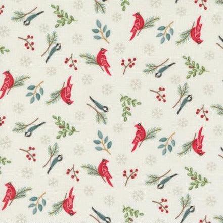 Woodland Winter Snowy White Novelty Birds and Snowflakes Fabric